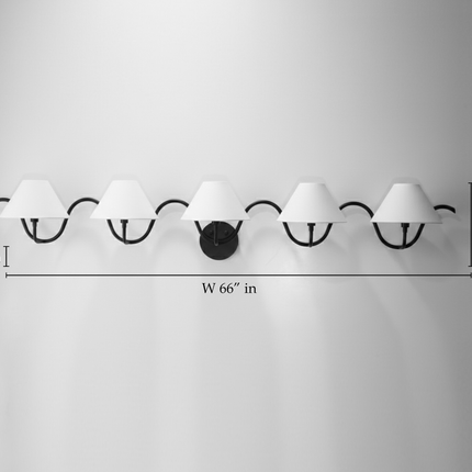 Wall Light – Black Linear 5-Light Wall Sconce with White Cone Shades | Minimal Modern Decorative Wall Lighting Fixture for Luxury Interiors