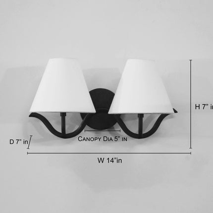 Modern 2 Light Wall Sconce Matte Black Double White Fabric Shades, Bedroom Bedside Wall Lamp, Living Room Hallway, Bathroom Vanity Fixture